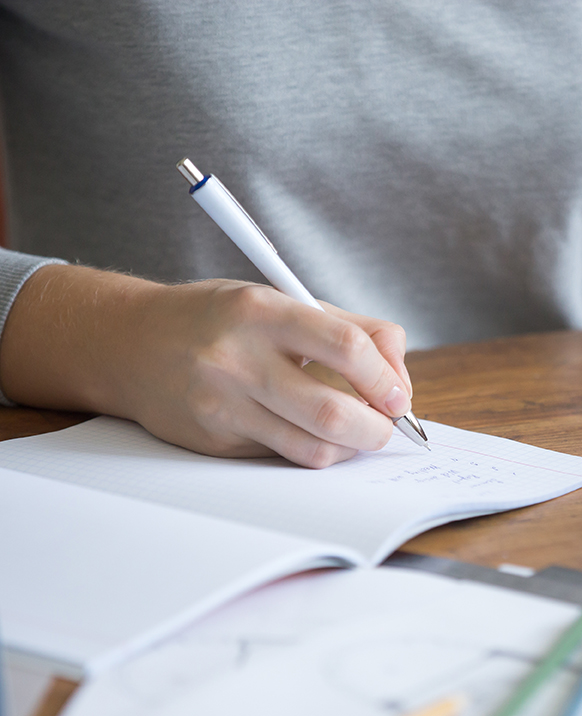Student female hands performing a written task in a copybook